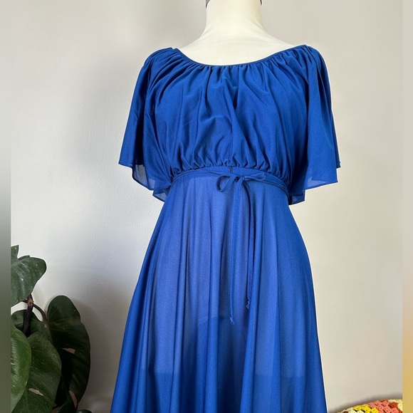 Vintage 70’s Young Edwardian Royal Blue Angel Sleeve Sheer Midi Dress - Picture 4 of 14